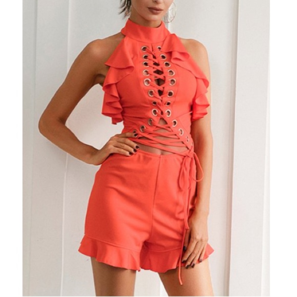 Orange Lace Up Ruffle Romper - Picture 2 of 5